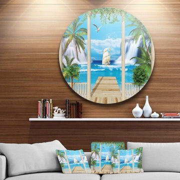 Wooden Terrace with Sea View - Landscape Photography Circle Metal Wall Decor